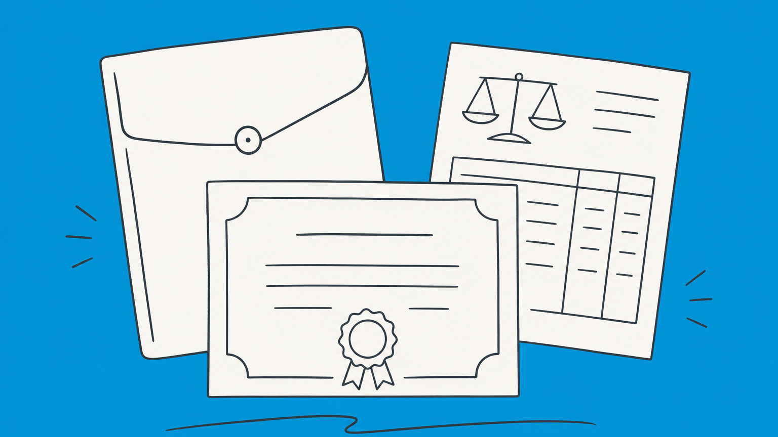 Flat illustration of a share certificate between a portfolio and a balance sheet, representing whether common stock is an asset