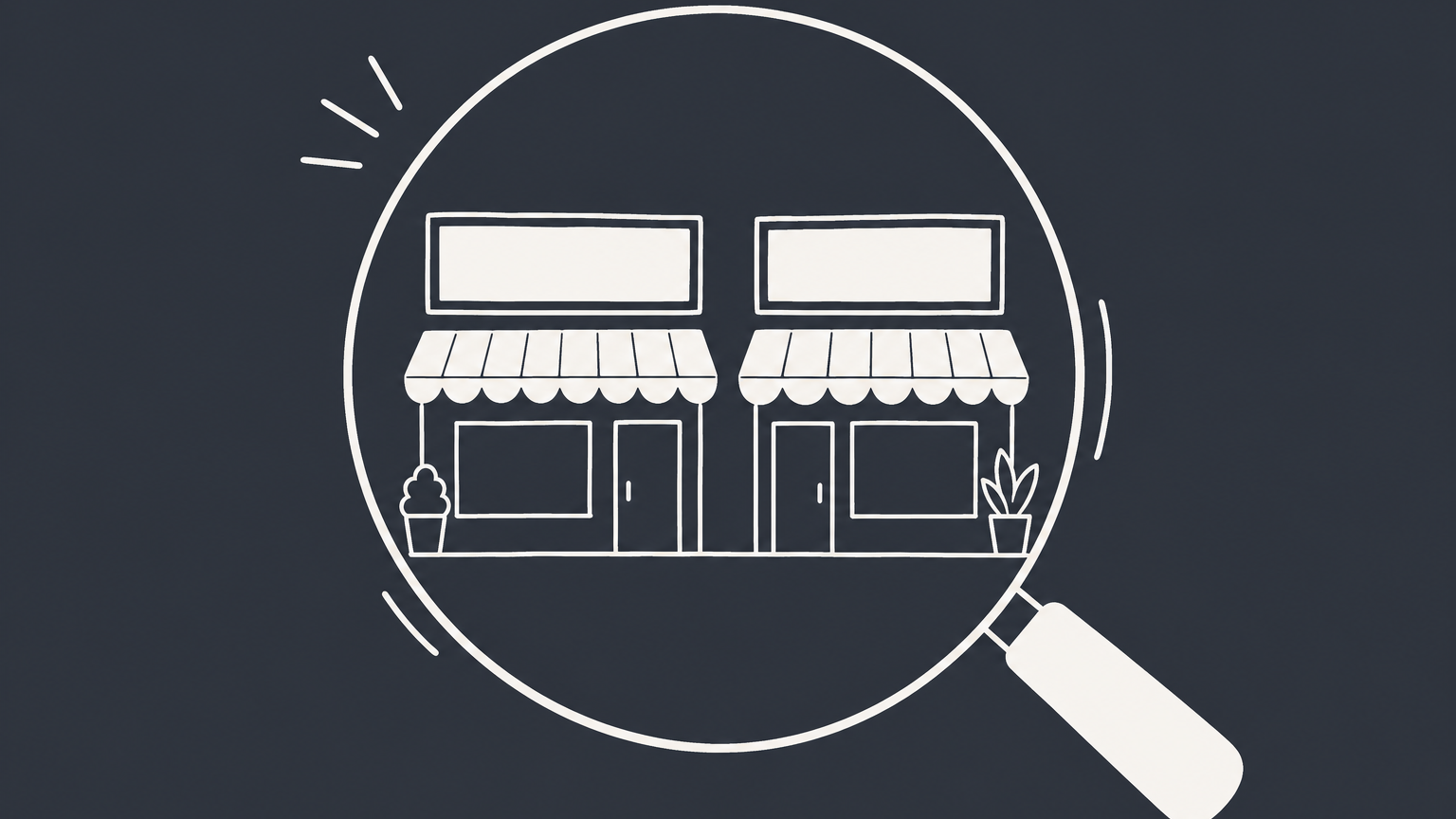 Flat illustration of two matching storefront signs under a magnifying glass, representing trademarking a name already in use