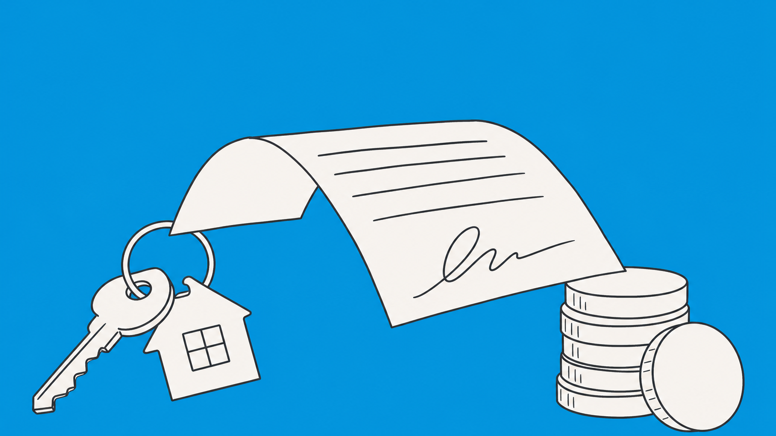 Flat illustration of a signed sheet bridging a house key and coins, representing the statute of frauds