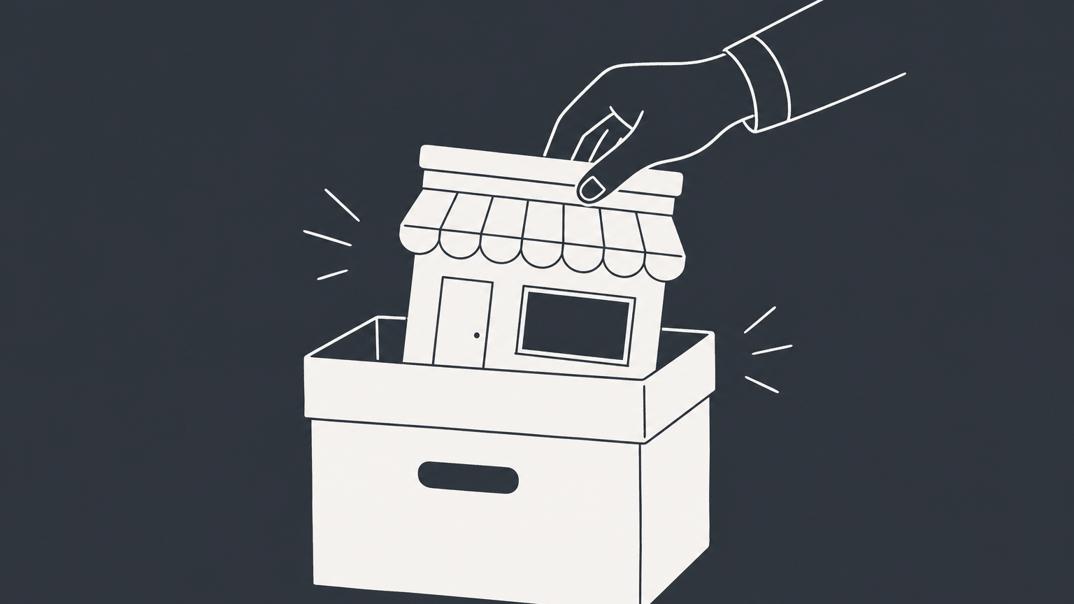 Flat illustration of a storefront placed into a filing box, representing a dissolved company status