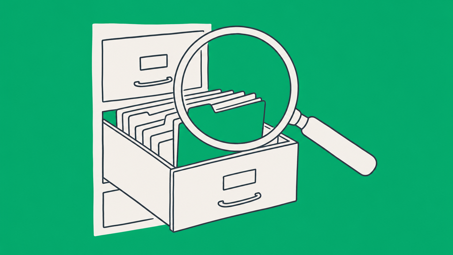 Flat illustration of a magnifying glass examining a business folder in a filing cabinet for a GA SOS business search.