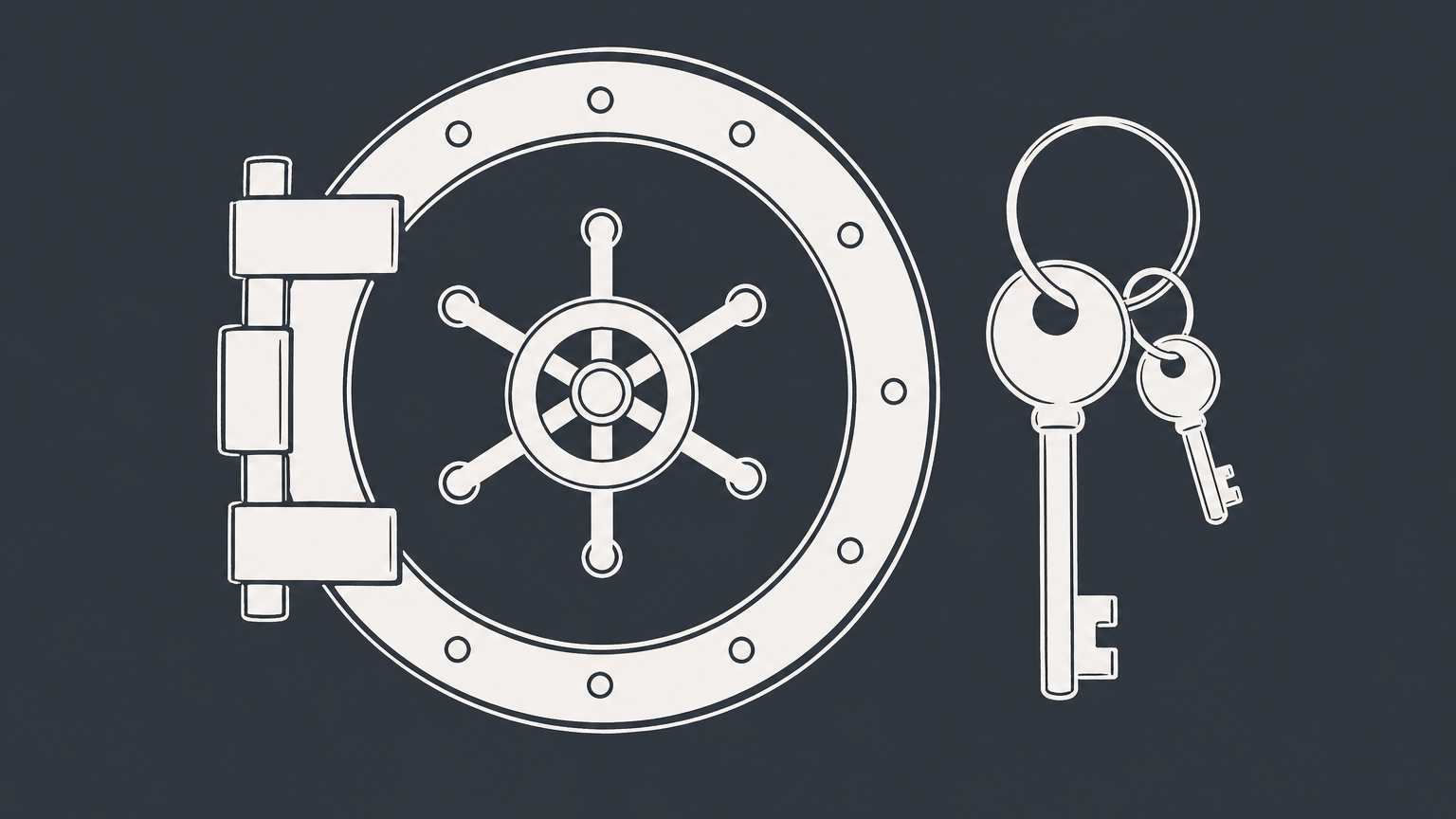 Flat illustration of a business bank vault with a detachable secondary key representing an authorized signer on a bank account.