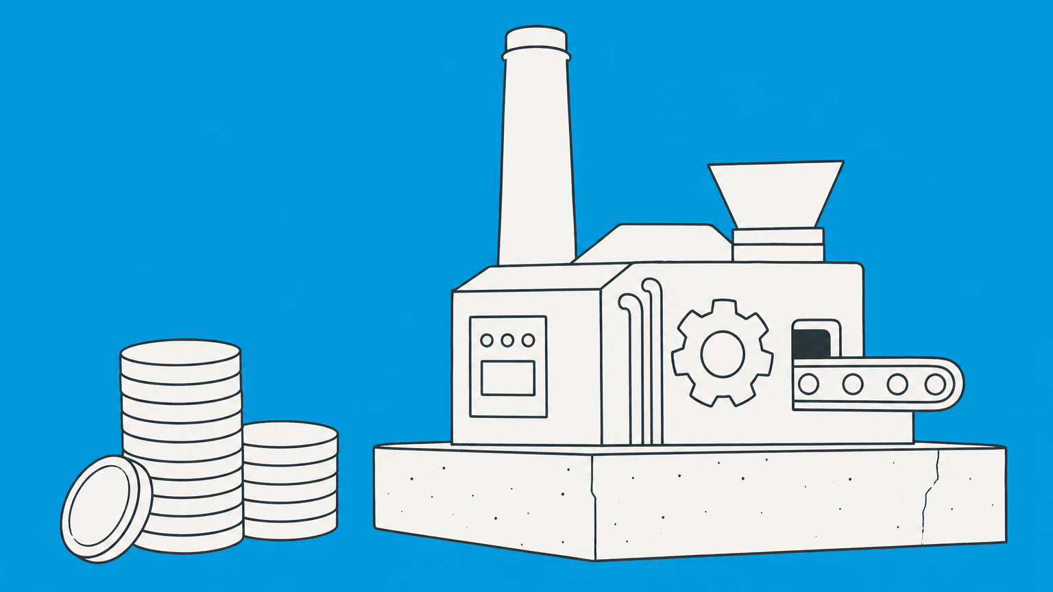 Flat illustration of coins funding a factory machine beside a maintenance toolbox to represent capital outlay.
