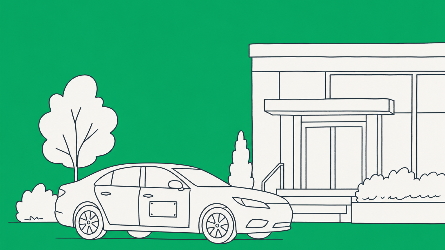 Flat illustration of a car between an office garage and a home garage representing the decision to buy a car under an LLC or personally.