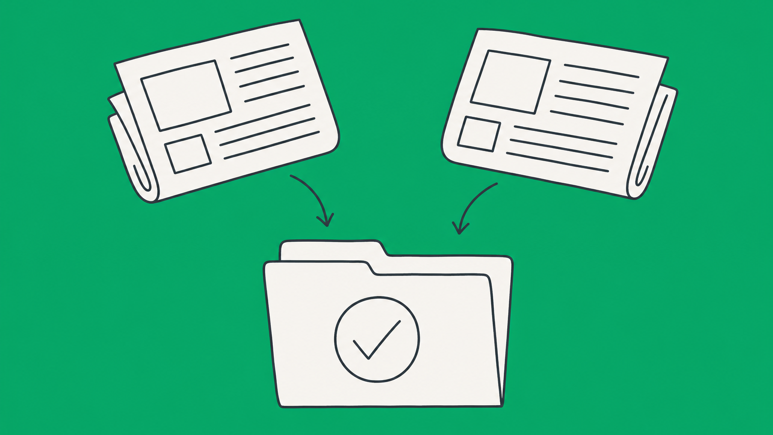 Flat illustration of two folded newspapers feeding into a checked document folder, representing a New York Certificate of Publication.