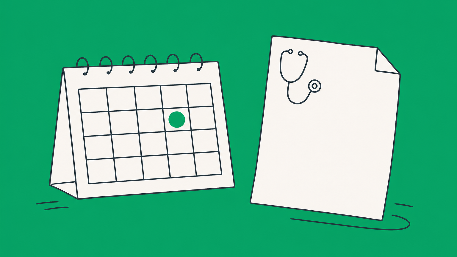 Flat illustration of a calendar, blank medical note, thermometer, and shield representing California sick leave doctor's note requirements.