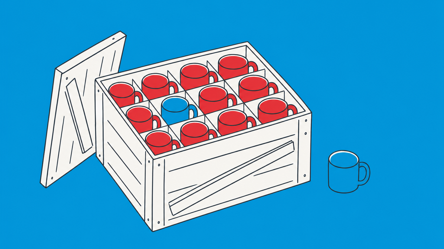 Flat illustration of a shipping crate with a mismatched mug and accept, reject, or replace paths representing nonconforming goods under the UCC.