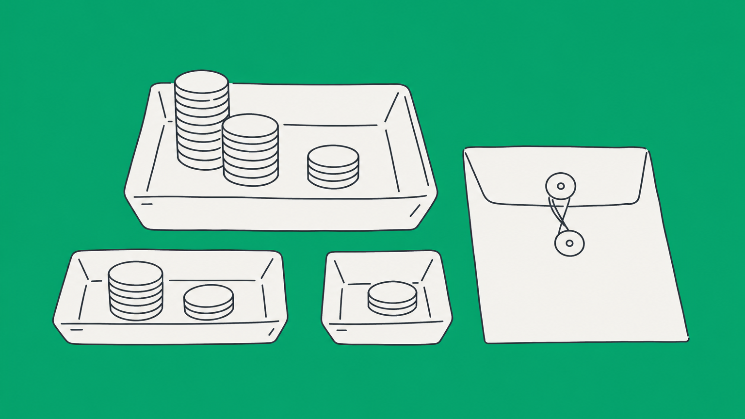 Flat illustration of coins divided into ownership-sized trays beside a ruler, ledger, and payroll envelope to represent S corp shareholder distribution rules.