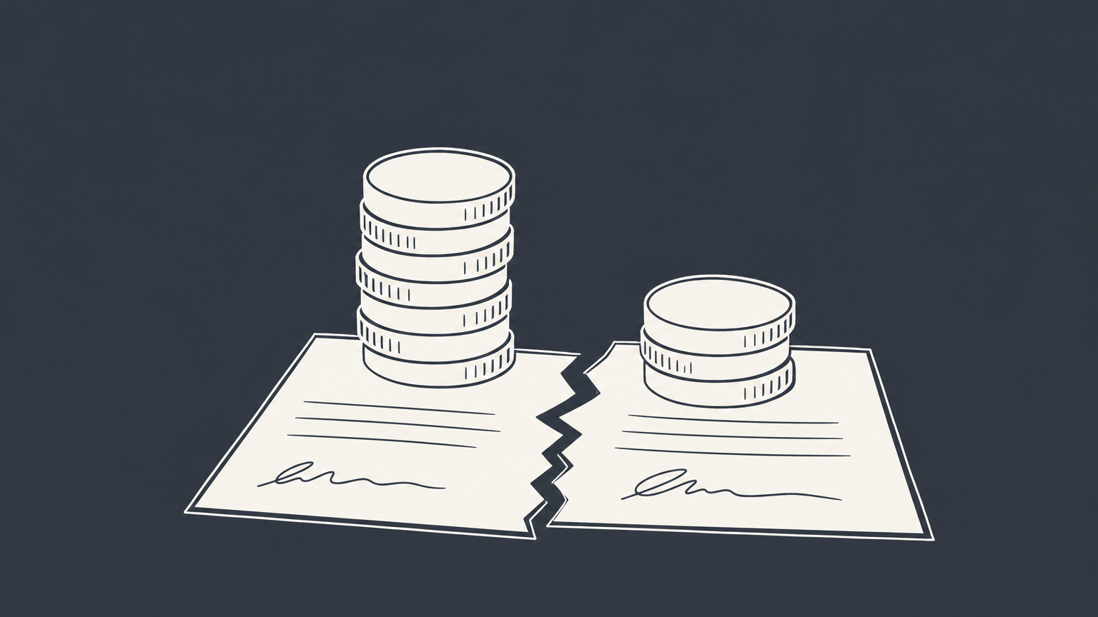 Flat illustration of two equal blocks feeding unequal coin stacks through a branching chute to represent unequal partnership distributions.