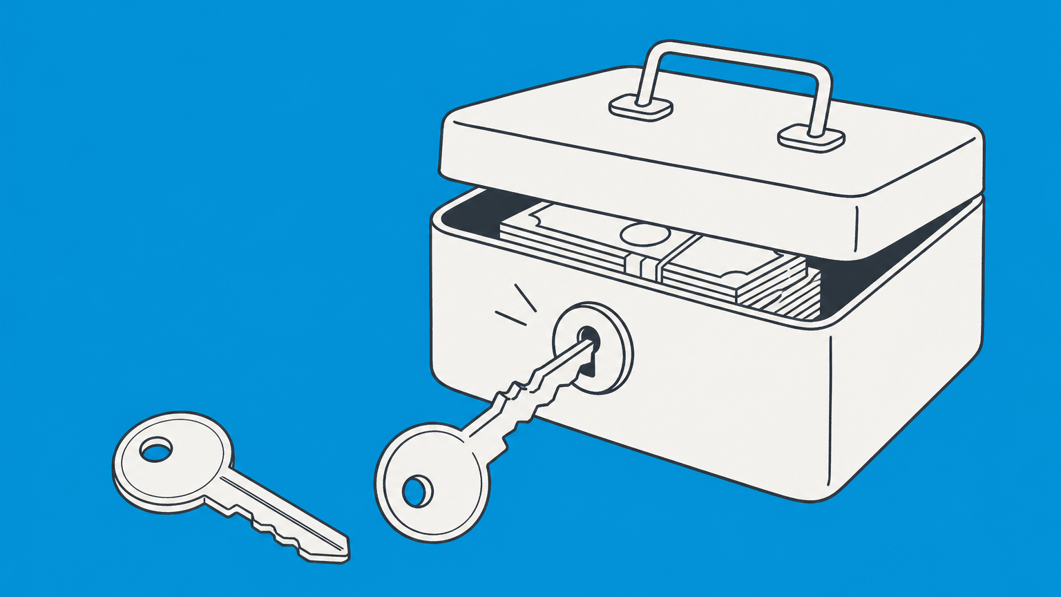 Flat illustration of a counterfeit key opening a cashbox to represent the legal meaning of defraud.