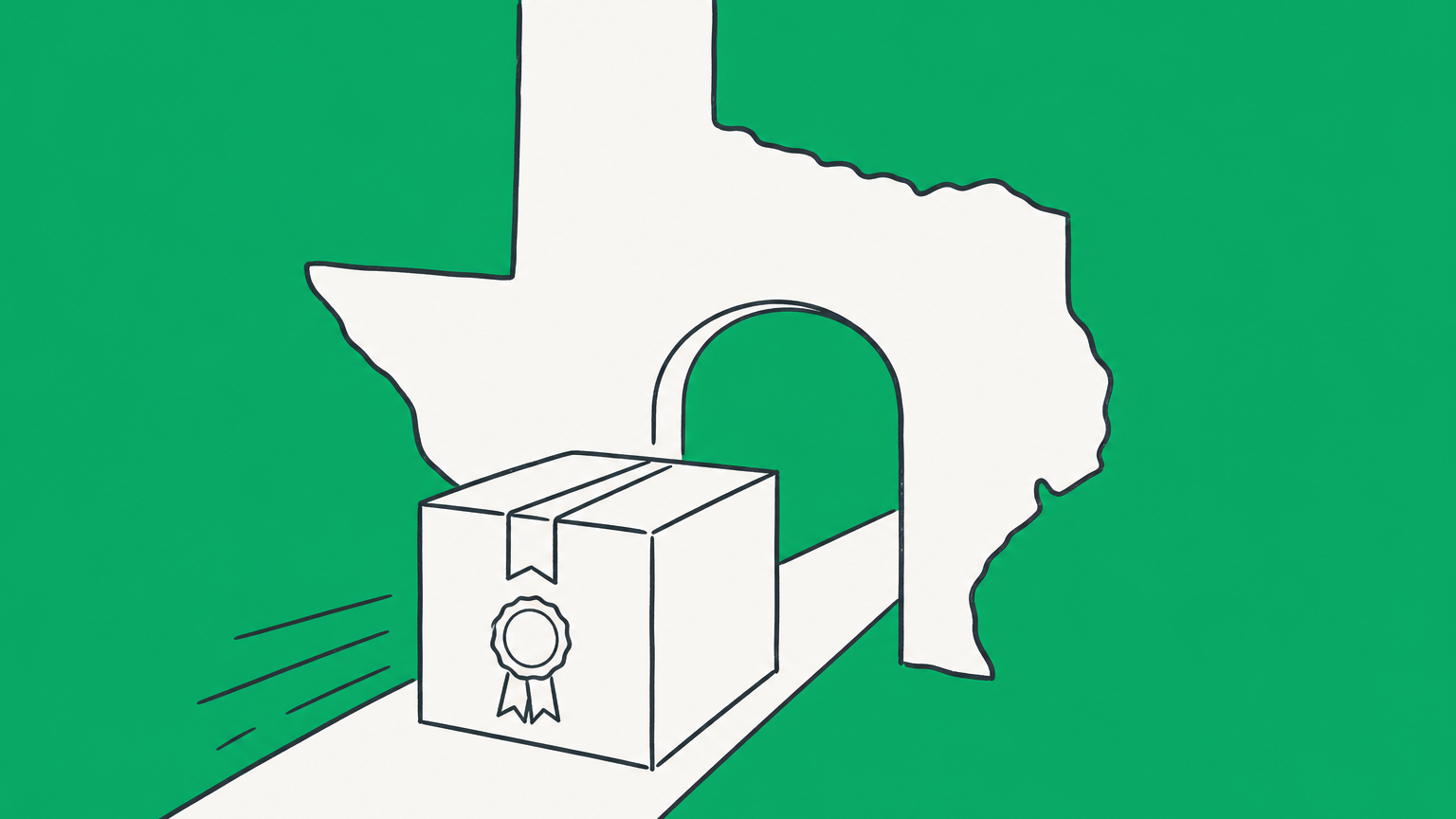 Flat illustration of an inventory carton passing through a Texas-shaped checkpoint to represent obtaining a wholesale license in Texas.