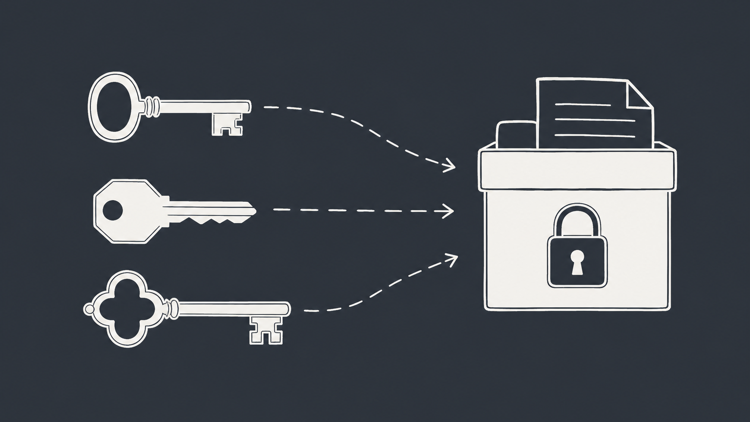 Flat illustration of three identification keys leading to a secured business file box, representing TIN numbers and business tax IDs.