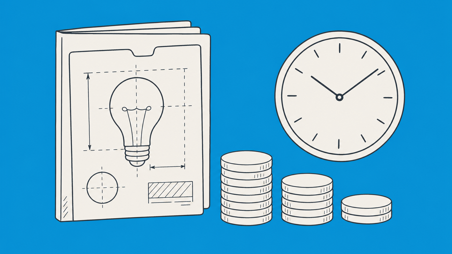 Flat illustration of an invention blueprint folder, tiered coin stacks, and a clock representing provisional patent cost and filing timing.