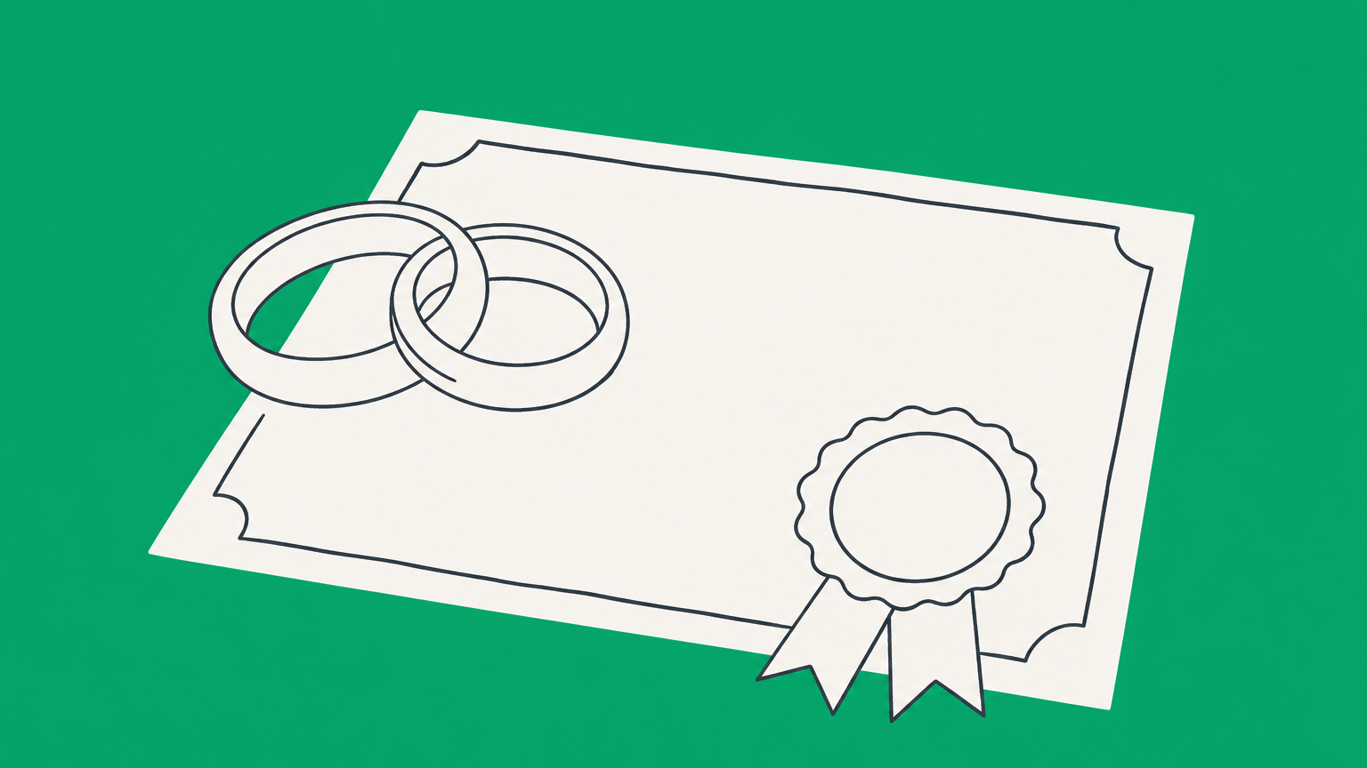 Flat illustration of two interlocking rings on an official certificate representing the legal definition of marriage.