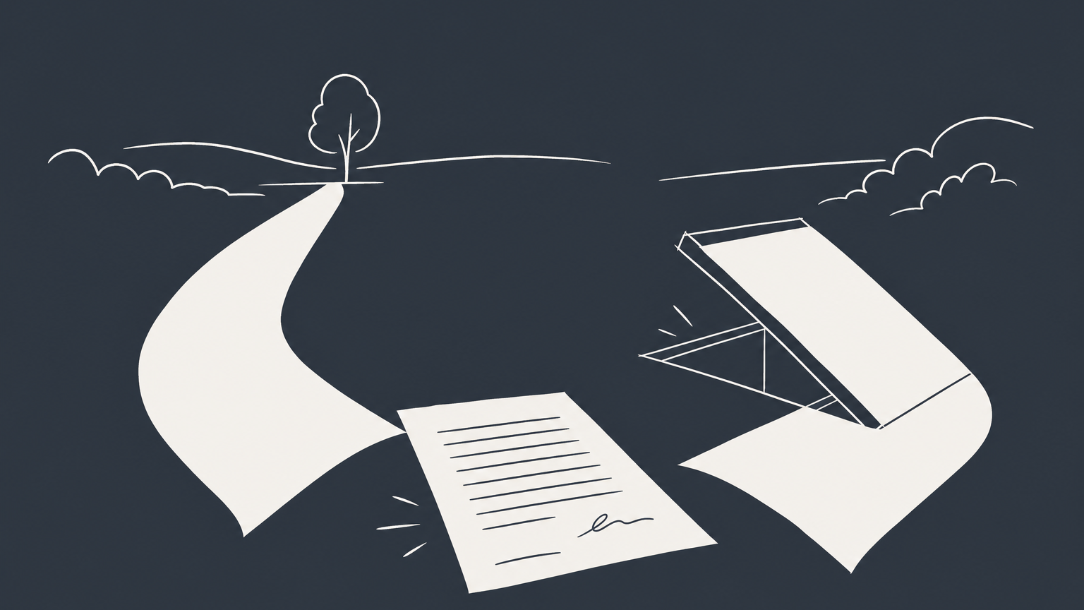 Flat illustration of a contract at a forked path with a concealed trapdoor representing acting in bad faith.