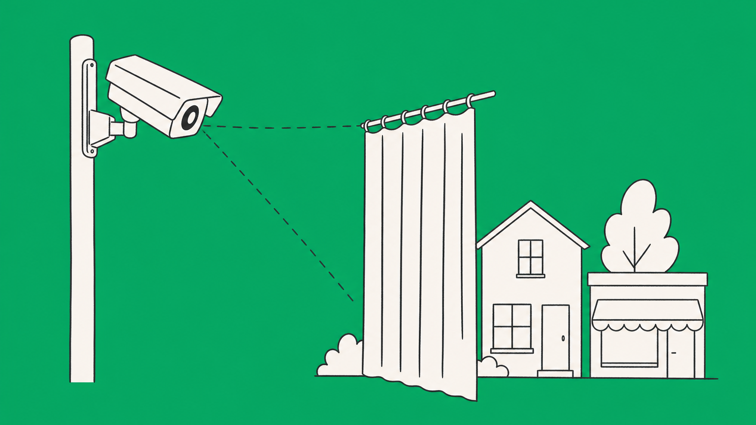 Flat illustration of a security camera overlooking a house and storefront with a privacy curtain representing video surveillance laws by state.