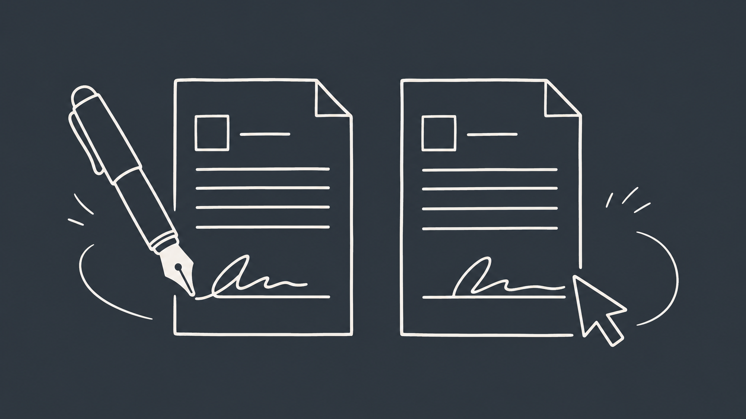 Flat illustration of a paper document and tablet joined by a signature stroke to represent legal signature requirements.