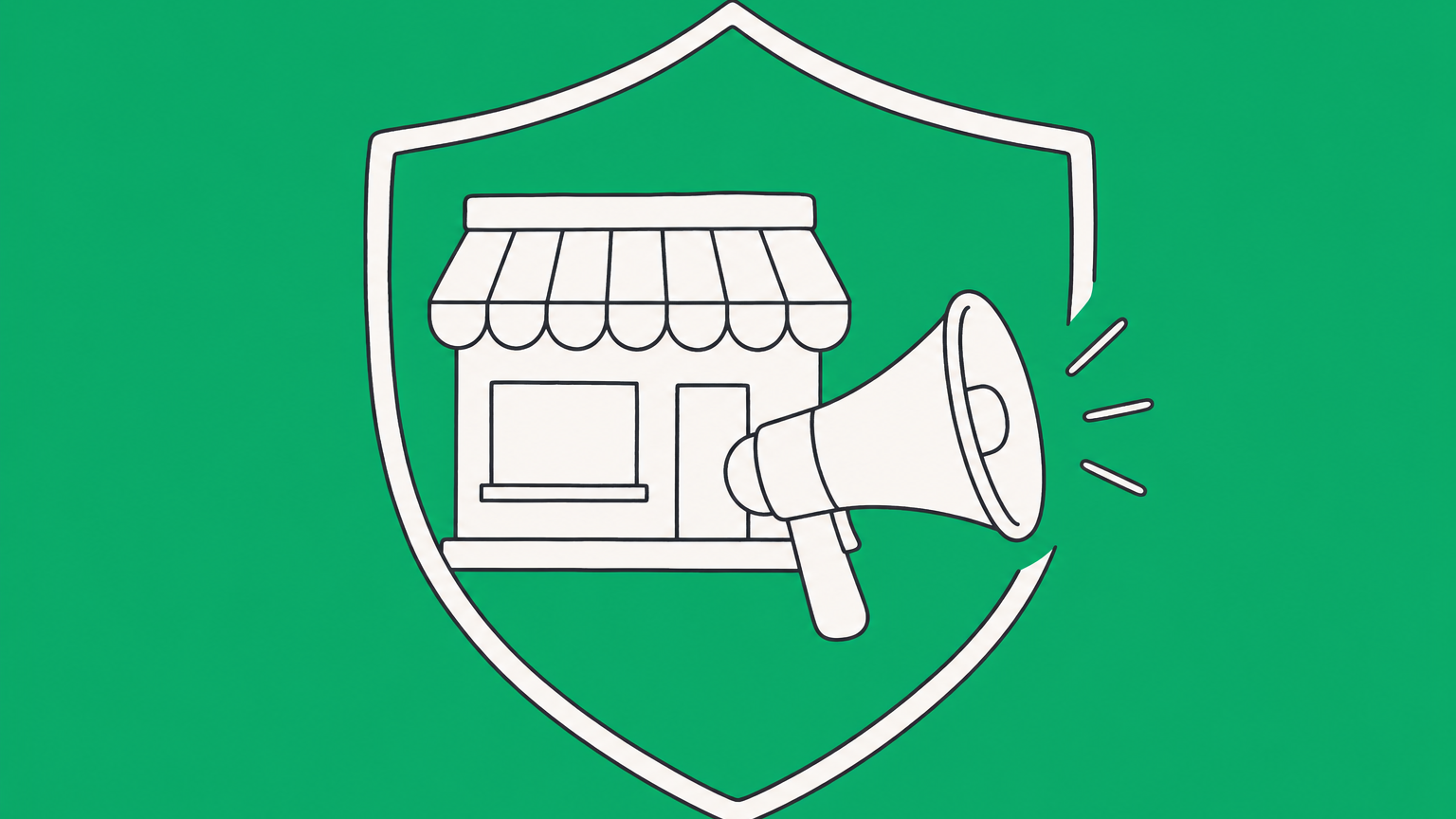 Flat illustration of a storefront, megaphone, and business briefcase representing Class 35 trademark services.