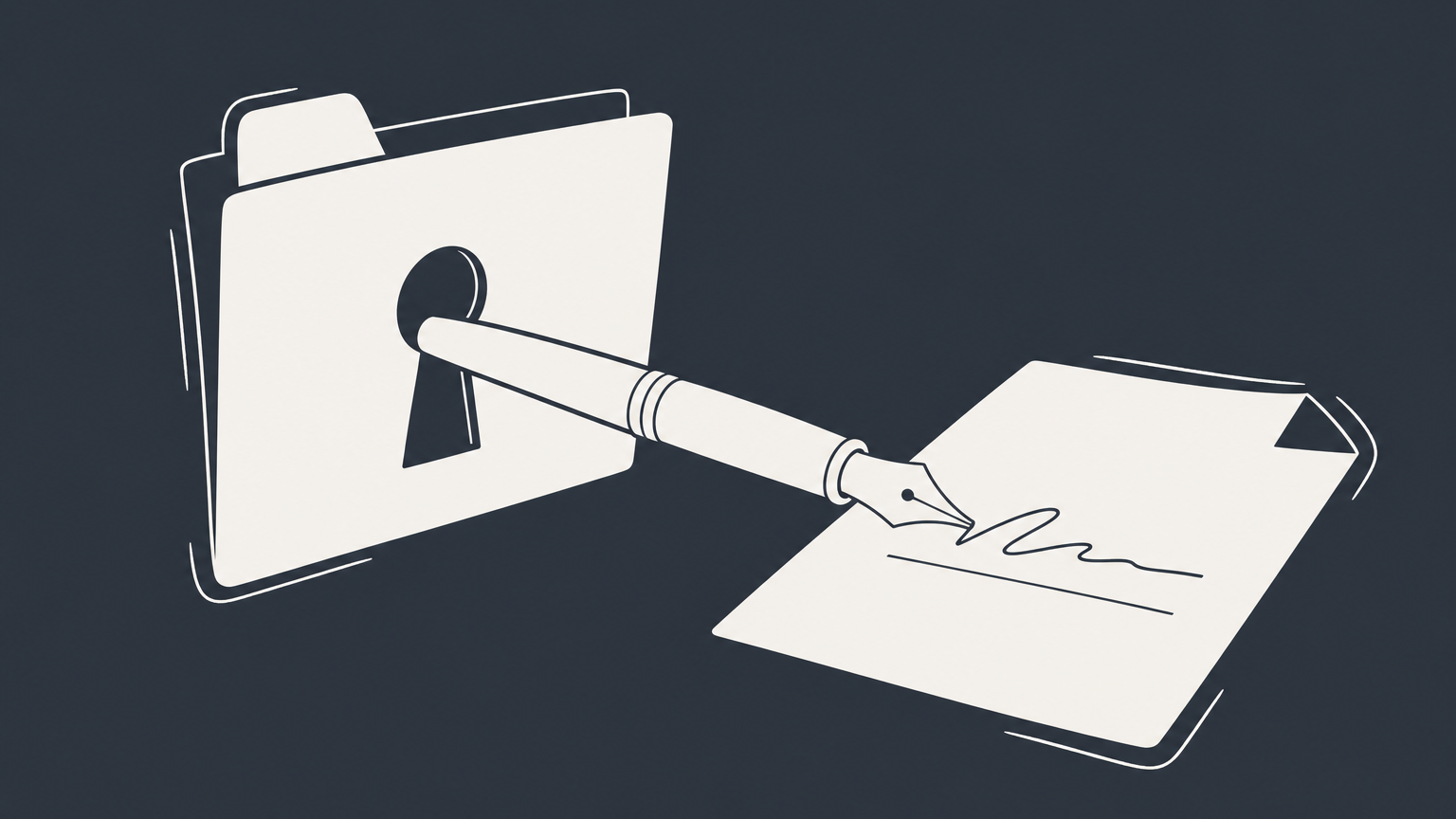 Flat illustration of a fountain pen passing through an authorization keyhole to sign a document on behalf of an LLC.