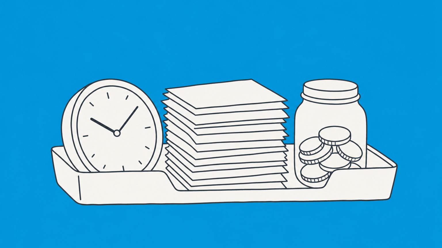 Flat illustration of a calculator, business folder, and divided coin compartments representing business attorney fees and billing structures.