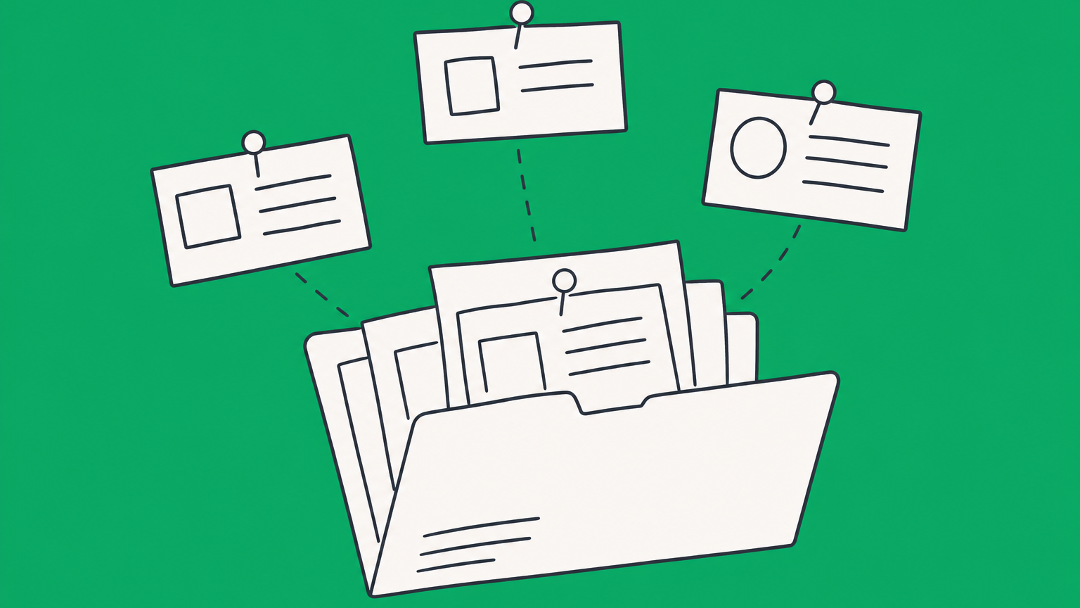Flat illustration of an open case folder separating factual statement cards from an argument symbol to represent averments in law.