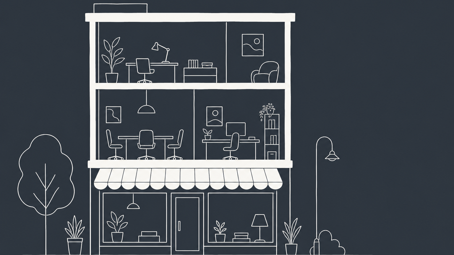 Flat illustration of a cutaway building with retail, office, warehouse, and mixed-use sections representing the commercial building definition.