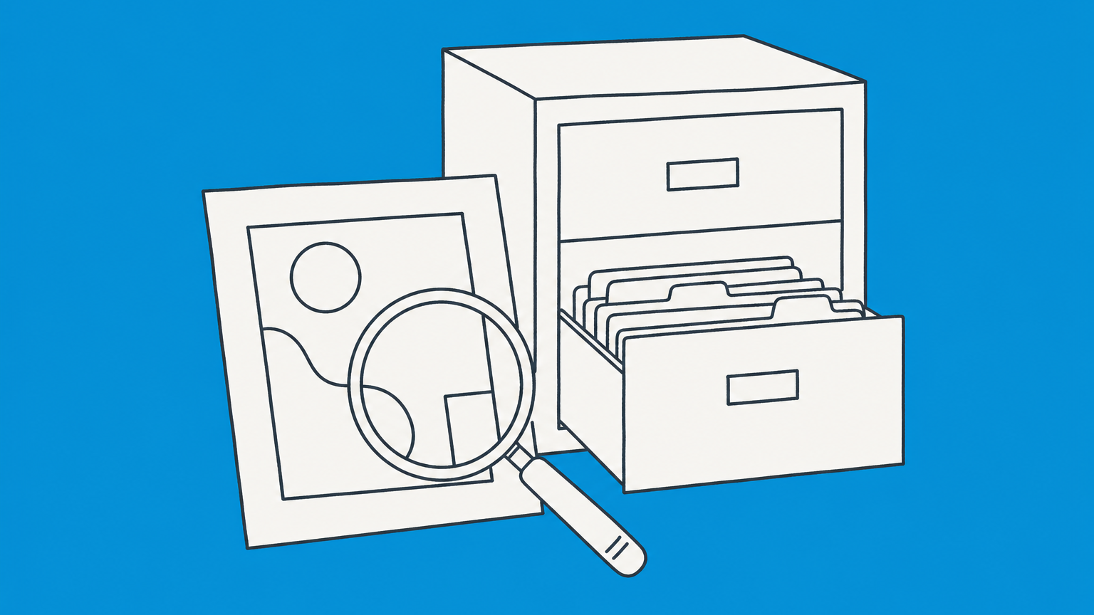 Flat illustration of a magnifying glass examining creative works and a product tag to represent checking copyright and trademark status.