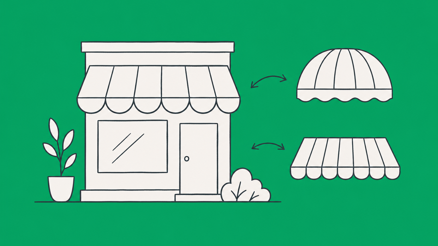 Flat illustration of a formal document folder connected to a storefront with interchangeable awnings representing a legal business name versus a DBA.
