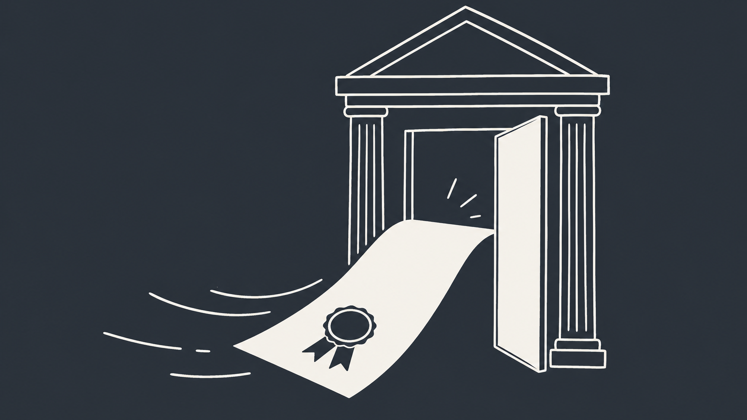 Flat illustration of an arbitration document becoming a court-backed key that opens a payment box, representing enforcement of arbitration awards.