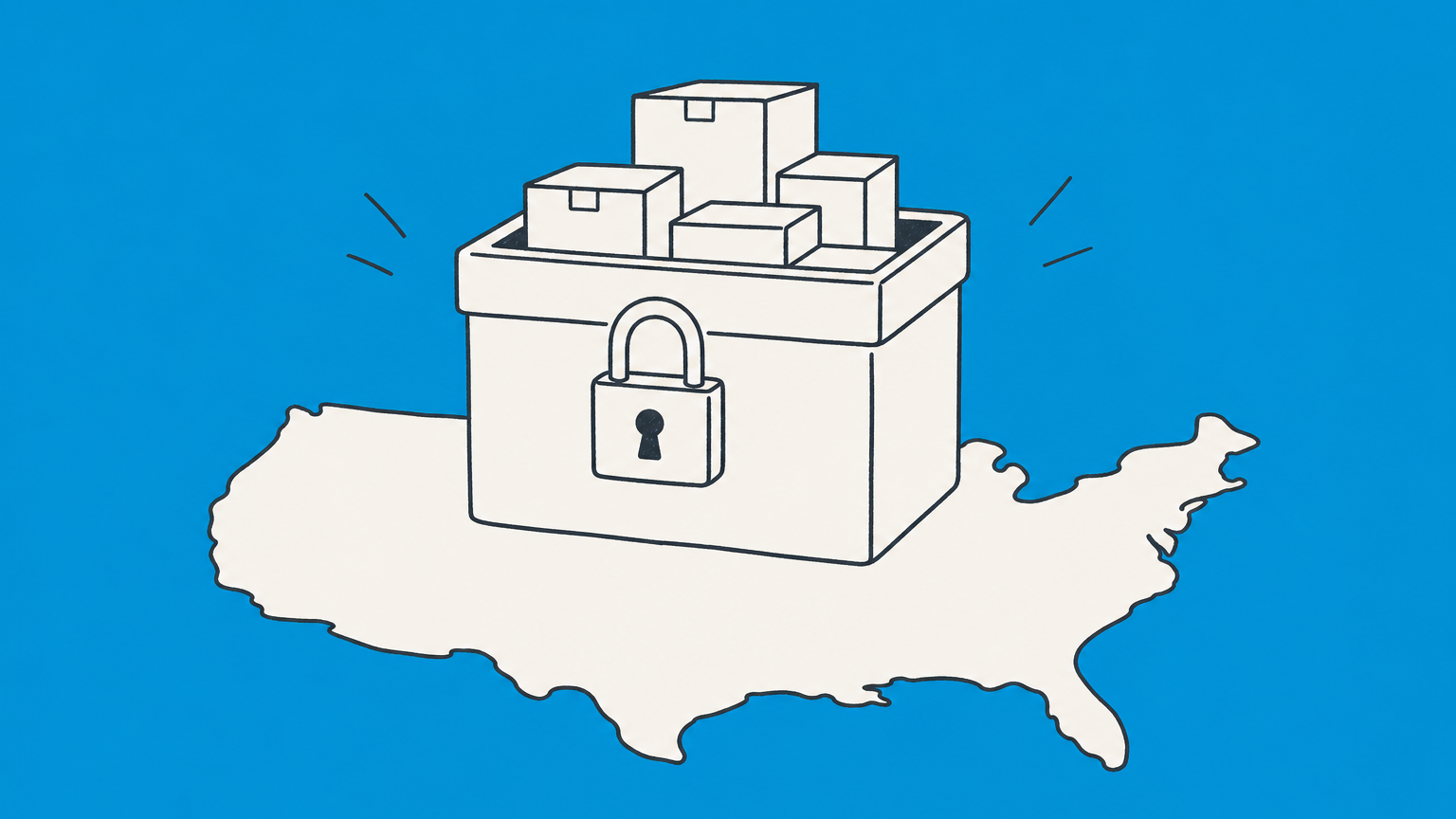 Flat illustration of a locked parent container holding smaller asset boxes over branching state pathways, representing the best state to form a holding company.