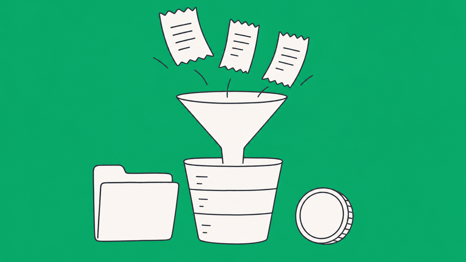 Flat illustration of receipts filling a tiered measuring container beside an LLC folder and annual coin, representing the California gross receipts-based LLC fee.