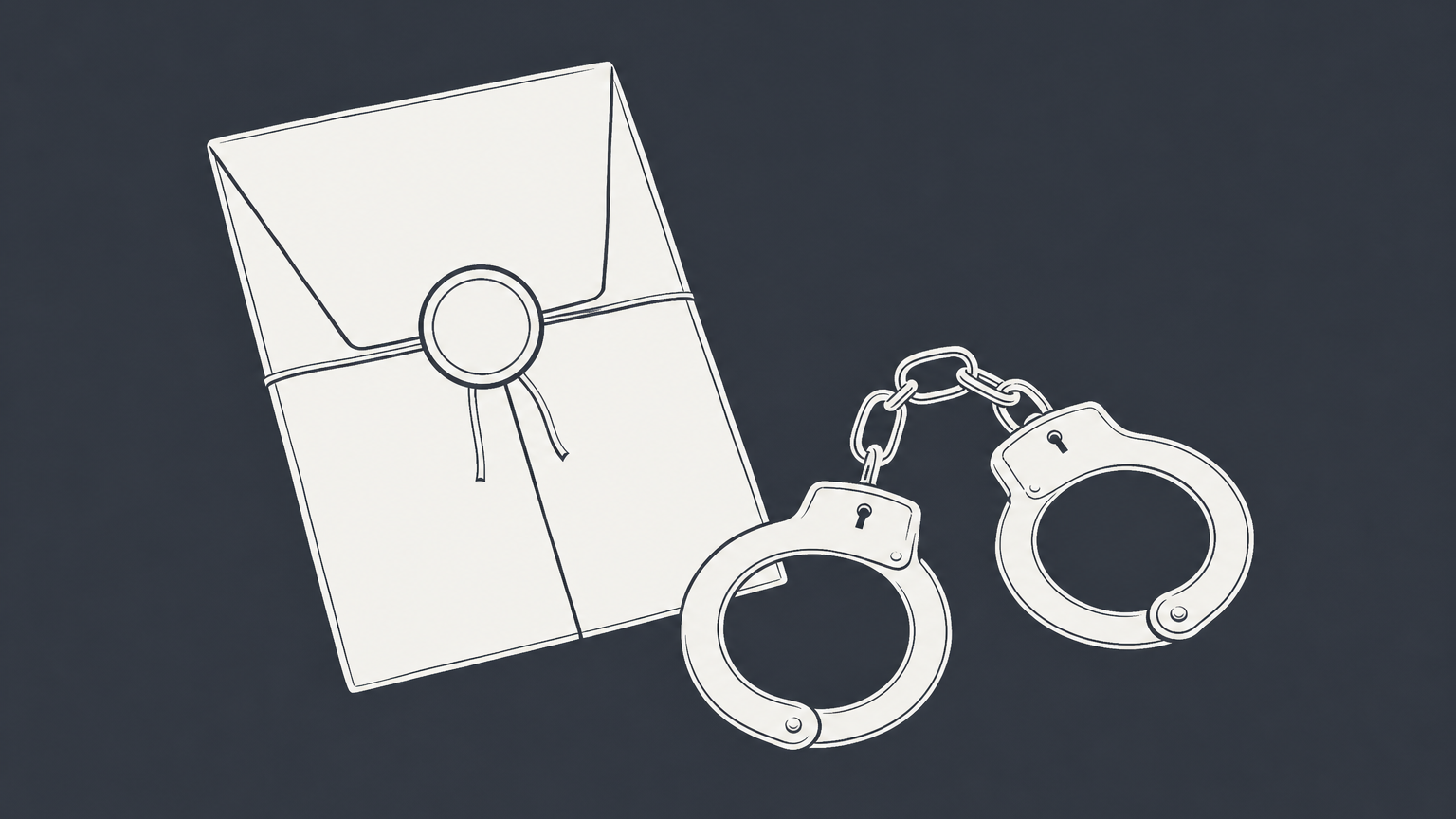 Flat illustration of a sealed court document, courthouse door, and handcuffs representing a capias warrant.