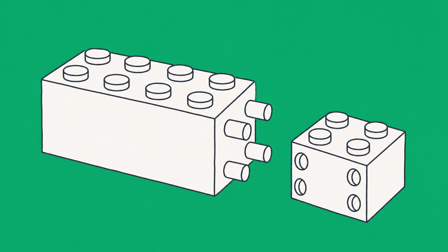 Flat illustration of separate building blocks connected by ownership pegs to represent a parent company subsidiary relationship.