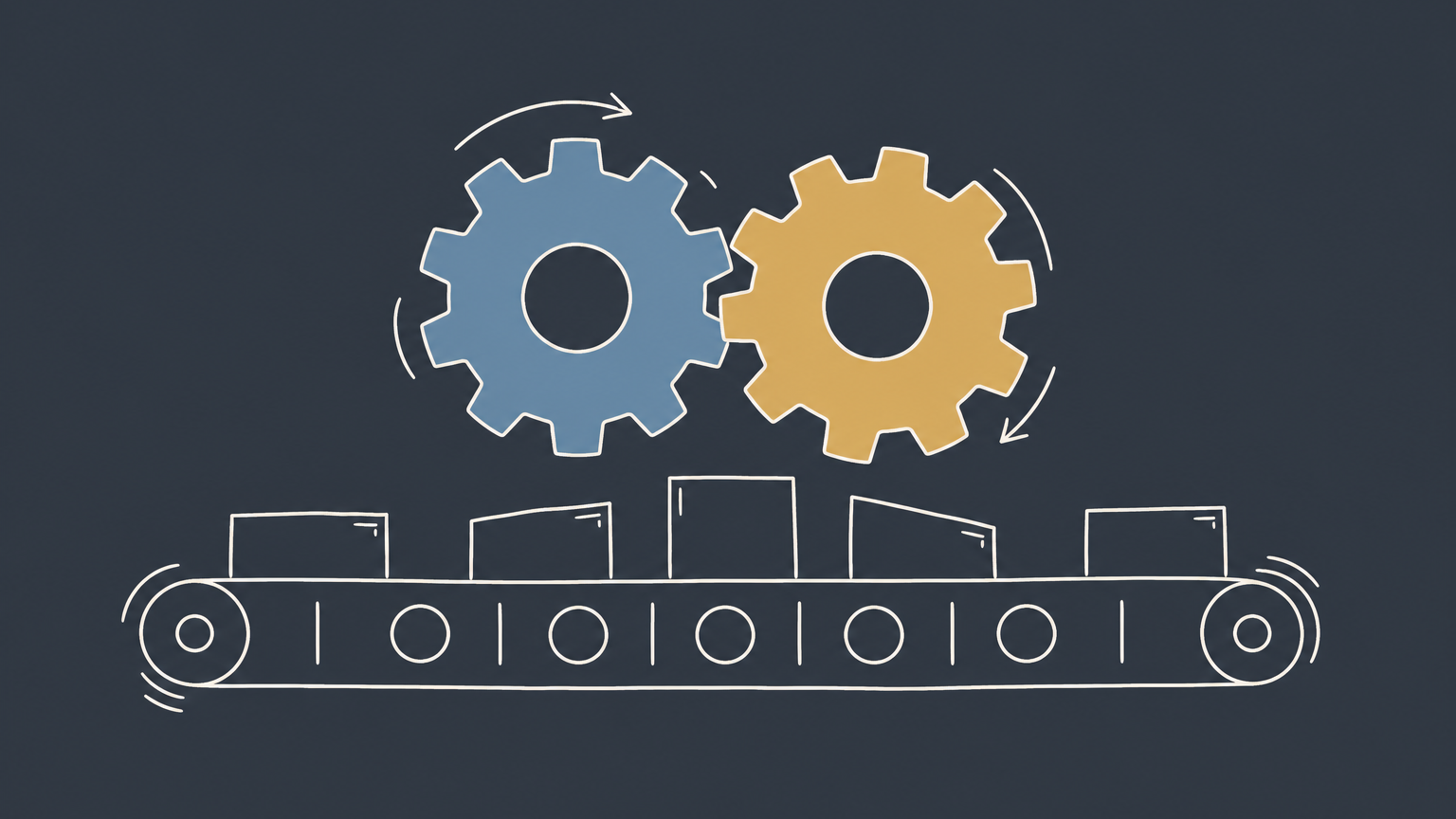 Flat illustration of two storefronts using interlocking gears to represent famous partnership business examples.