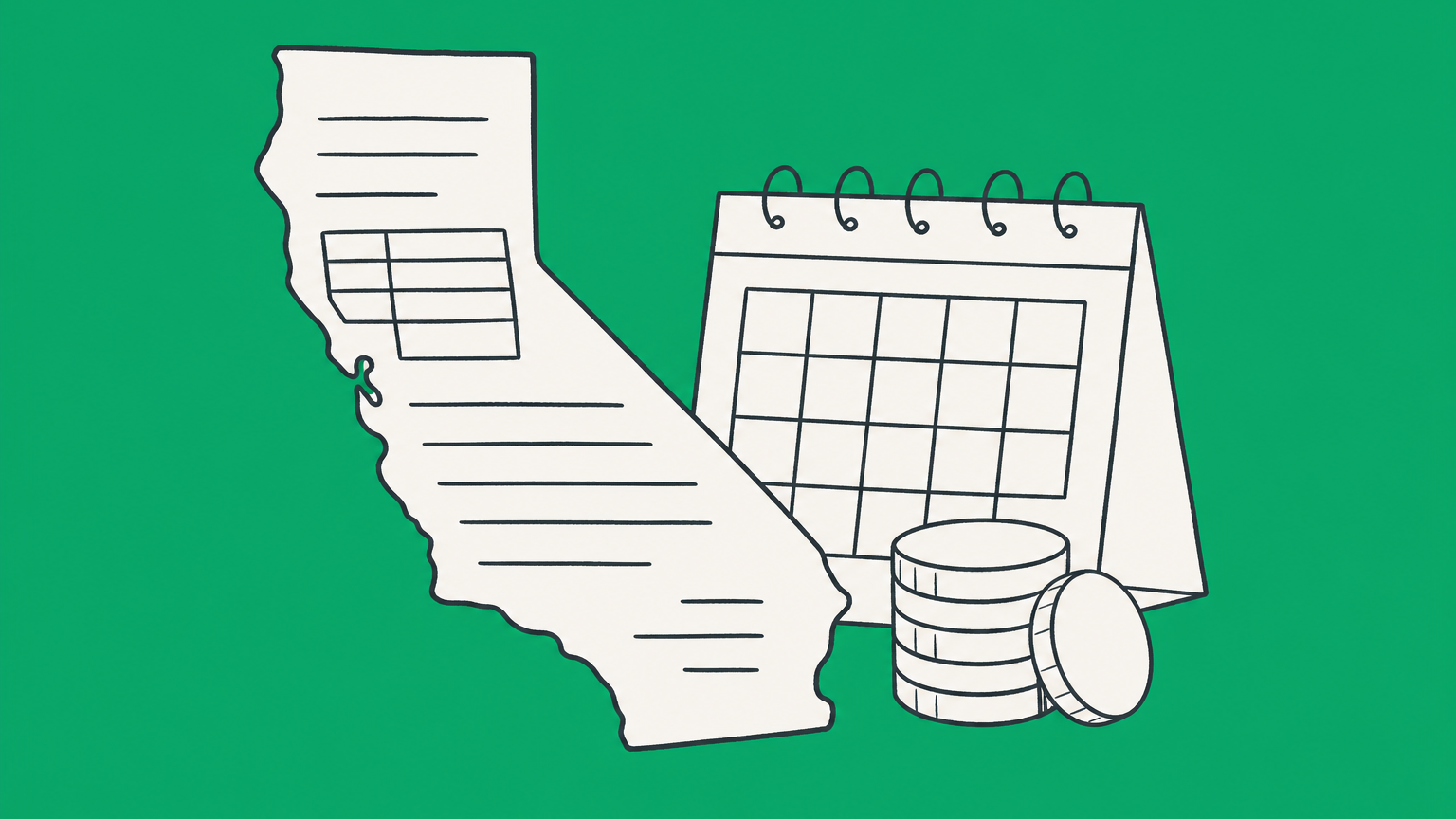 Flat illustration of a business folder, calendar, and branching coin stacks representing California LLC taxes and filing obligations.
