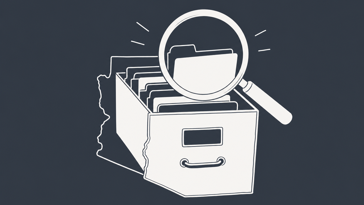 Flat illustration of a magnifying glass over an LLC folder in an Arizona-shaped filing drawer representing an Arizona LLC lookup.
