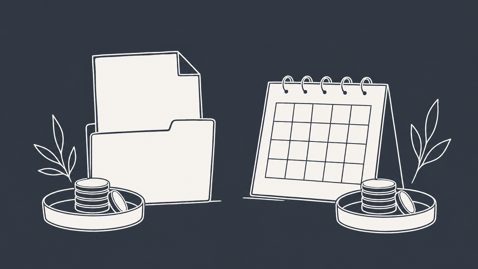 Flat illustration of a business folder, filing document, calendar, and separate coin trays representing California LLC startup and recurring costs.