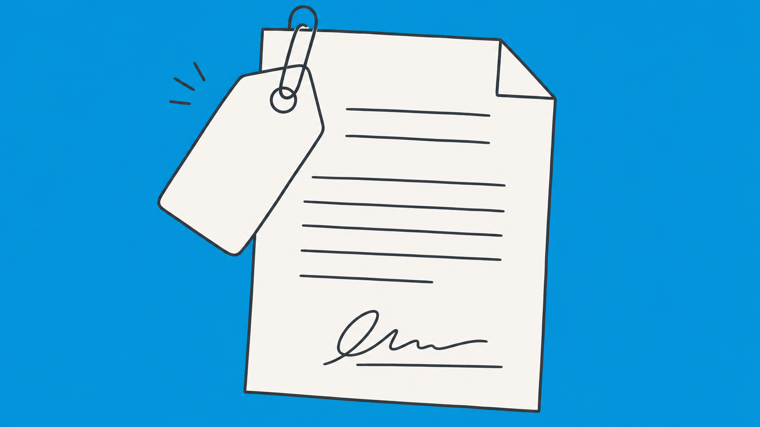 Flat illustration of a calendar, contract, detachable price tag, and magnifying glass representing the legality of cancellation fees.