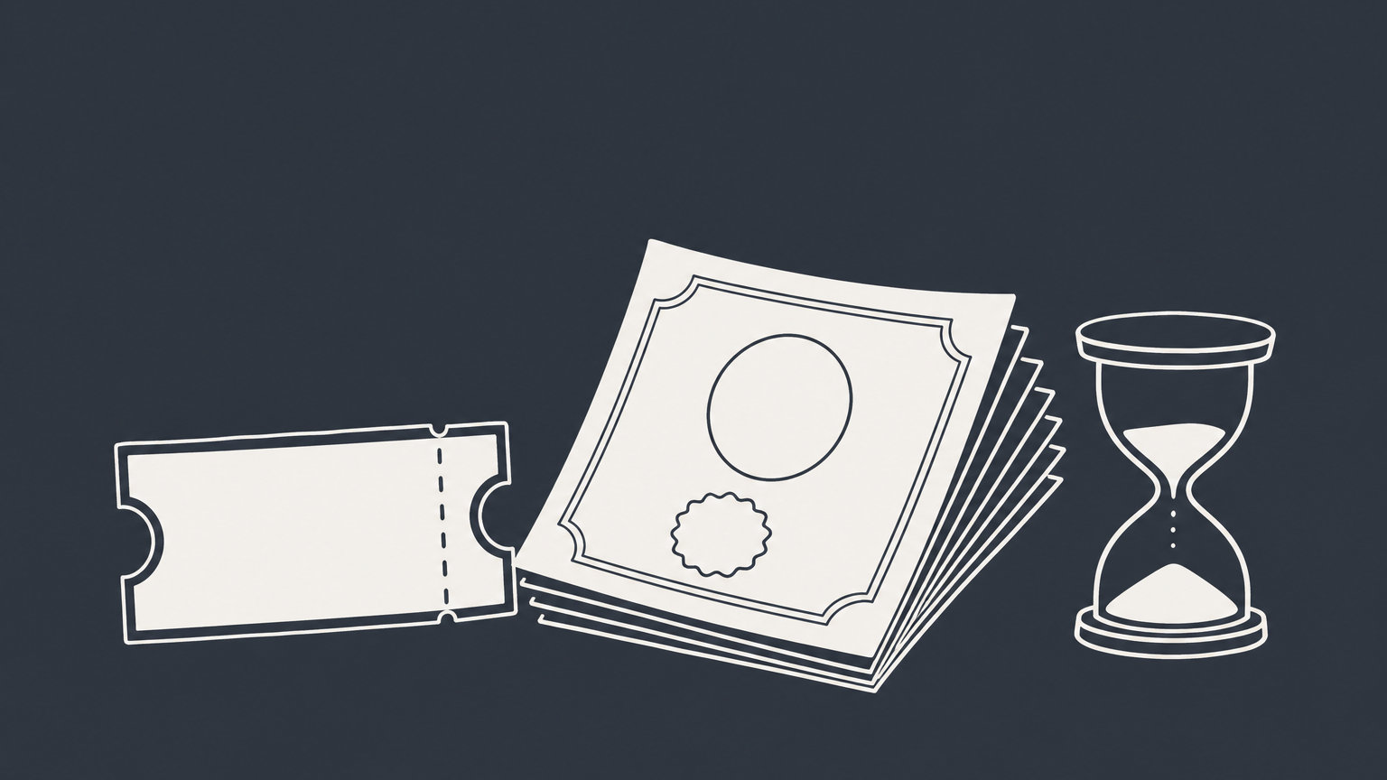 Flat illustration of a detachable ticket unlocking a stack of share certificates before an hourglass expires, representing how a stock warrant works.