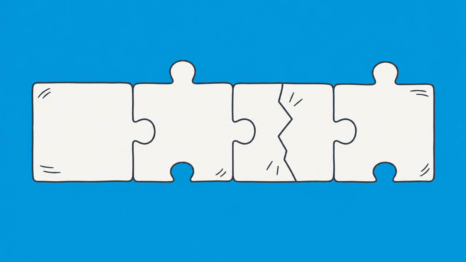 Flat illustration of four interlocking tiles connecting a speech bubble to a contract document to represent the four elements of misrepresentation.