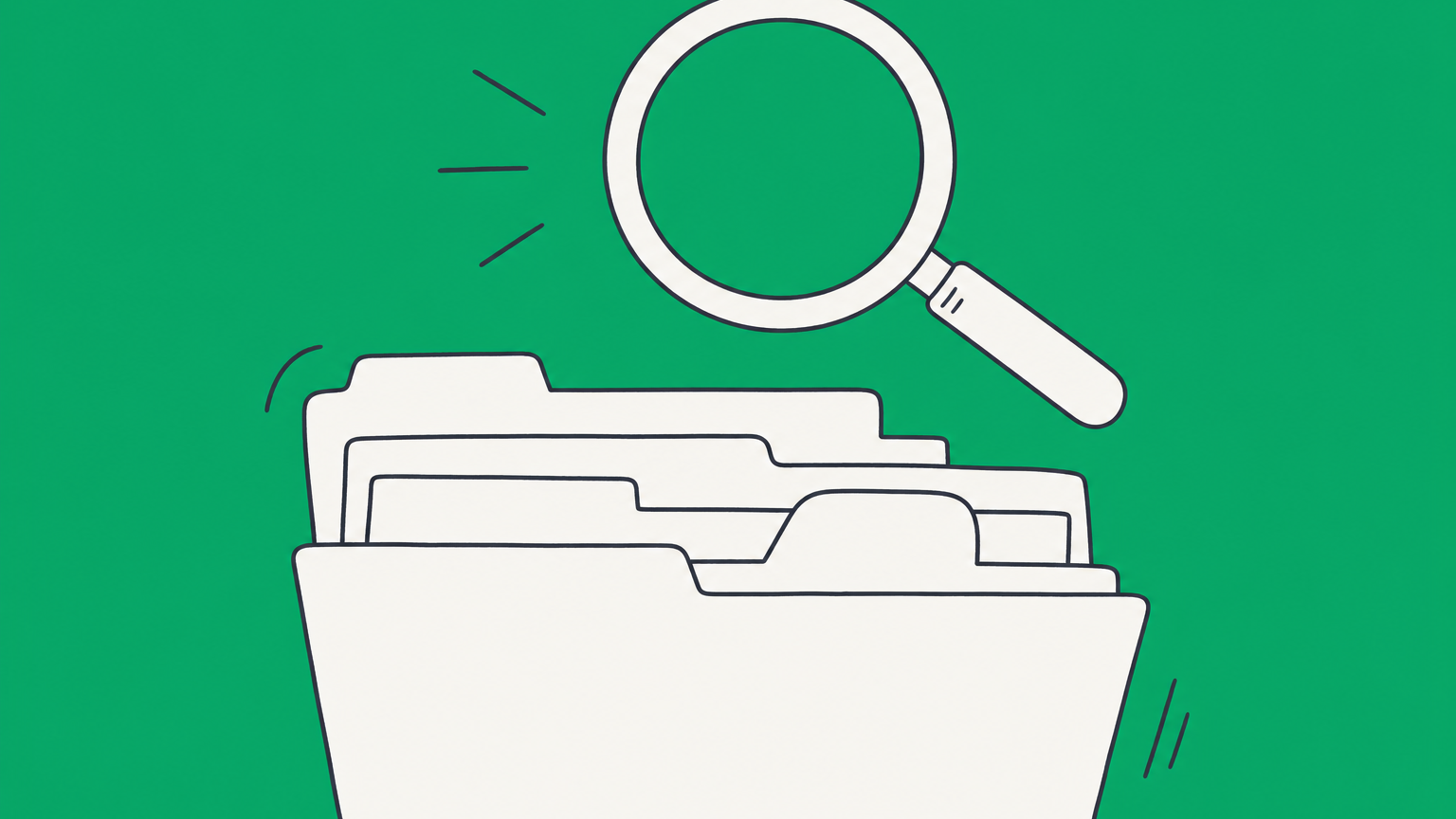Flat illustration of a magnifying glass examining layered filing tabs that represent identifying an LLC type.