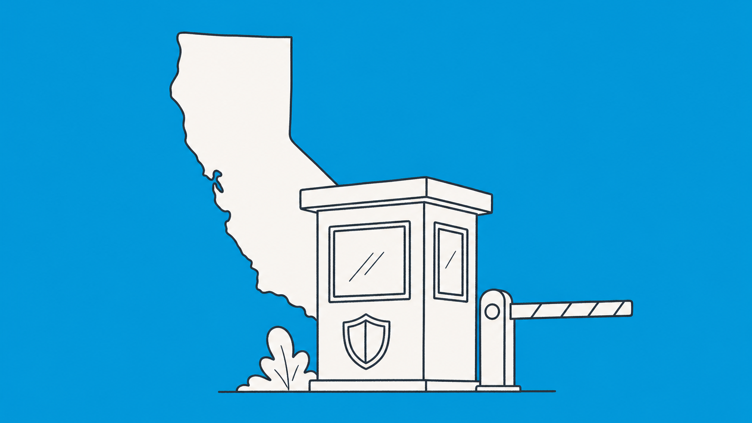 Flat illustration of a California map tile, guard booth, shield-shaped key, and checklist representing how to start a security company in California.