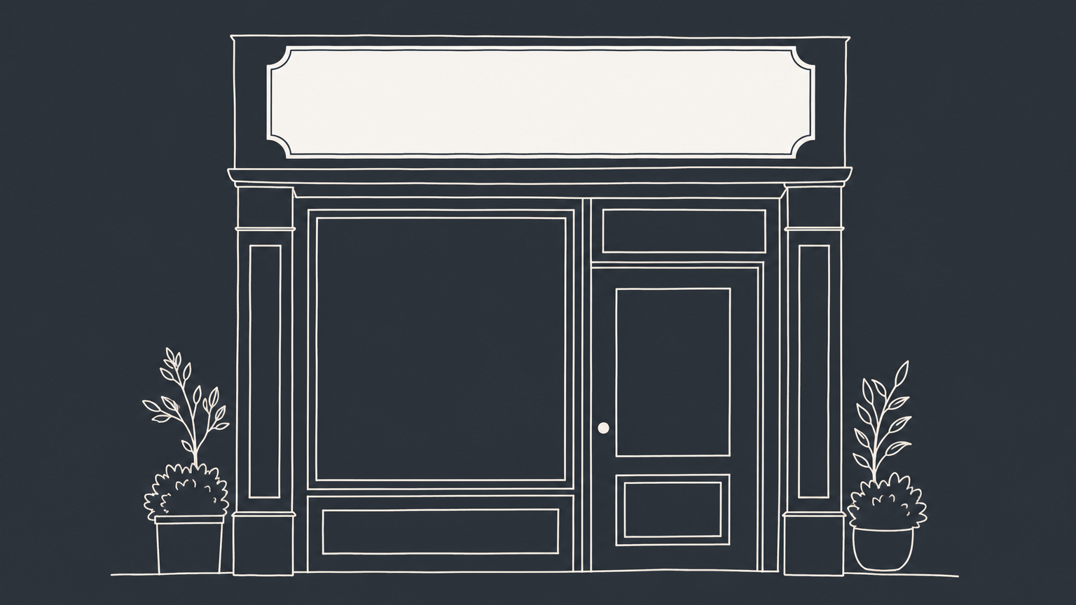Flat illustration of a storefront nameplate beside separate filing, permit, and protection pieces representing use of a business name without registering it.