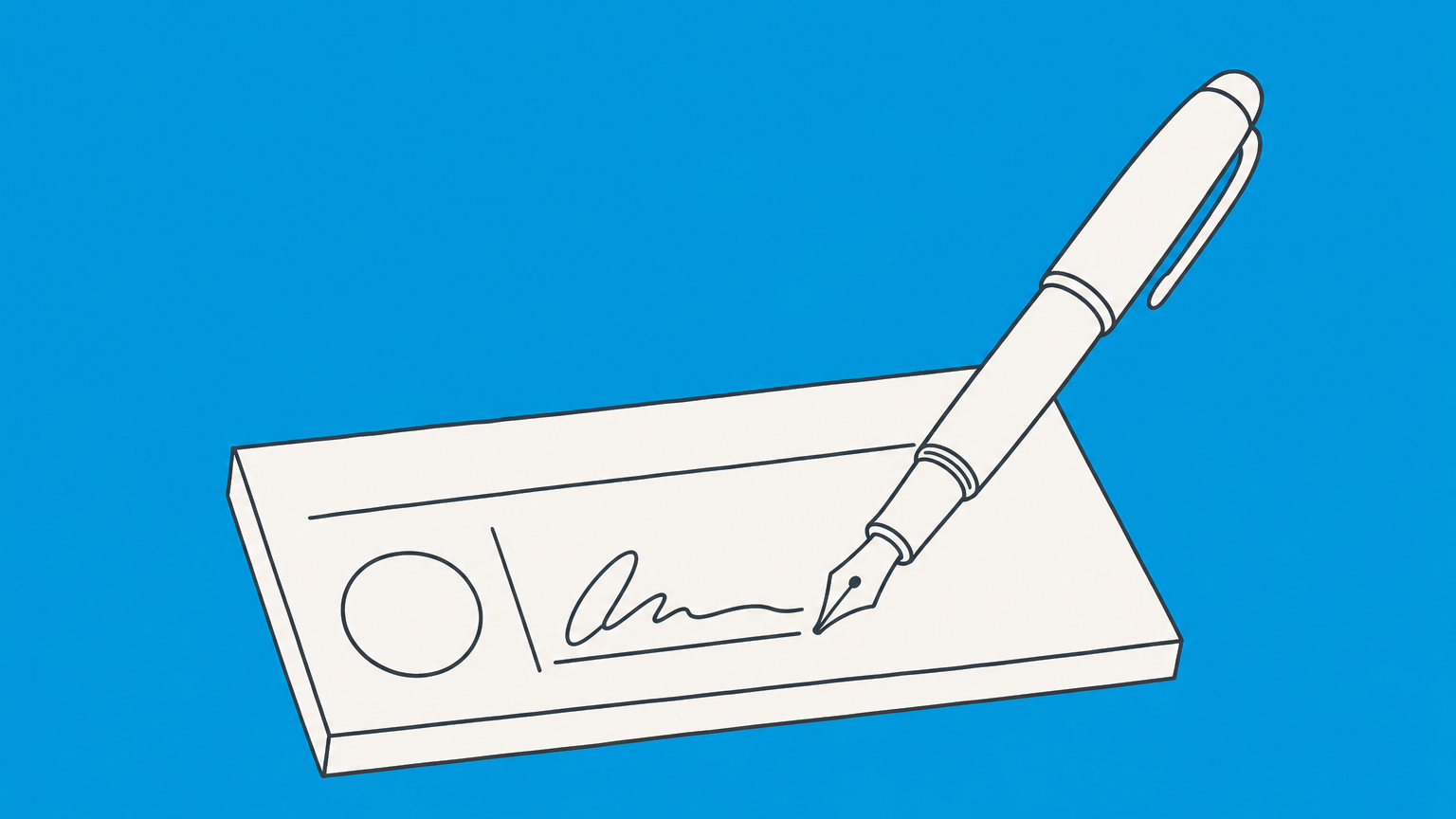 Flat illustration of a key beside a locked contract folder and office building, representing authority to sign contracts for a company.