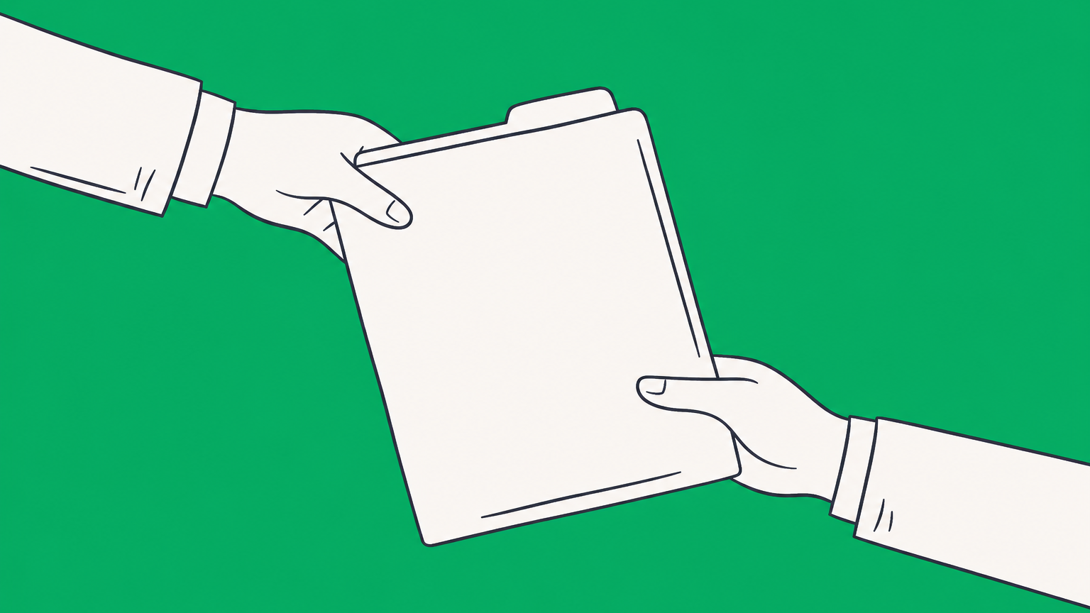Flat illustration of a contract folder moving through open and locked transfer paths to represent assignability in contracts.