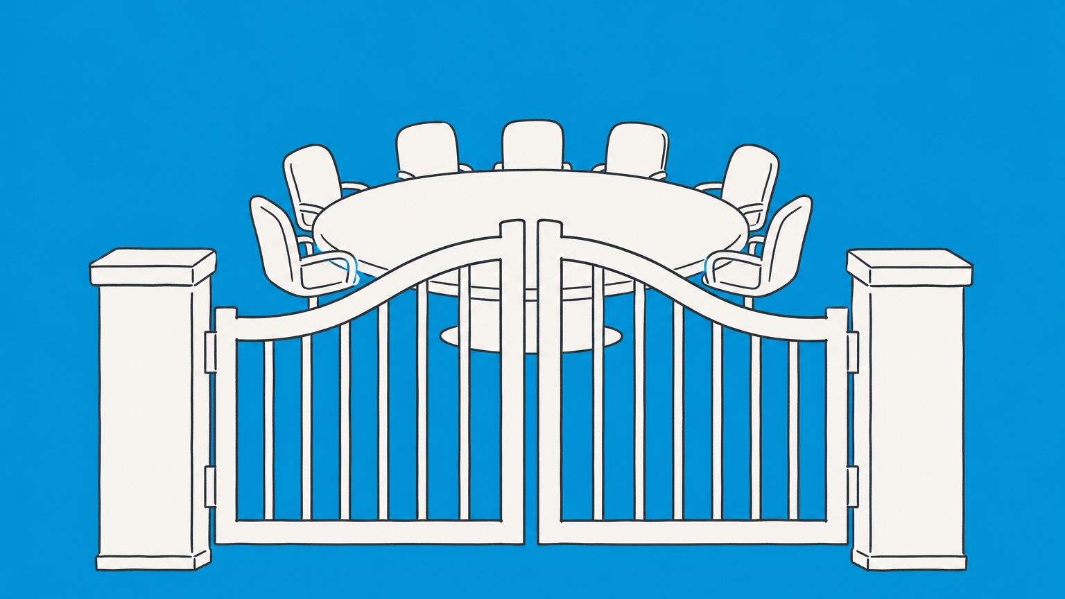 Flat illustration of a blocked path to a boardroom table and an alternate route to a case folder, representing demand futility in a shareholder derivative lawsuit.