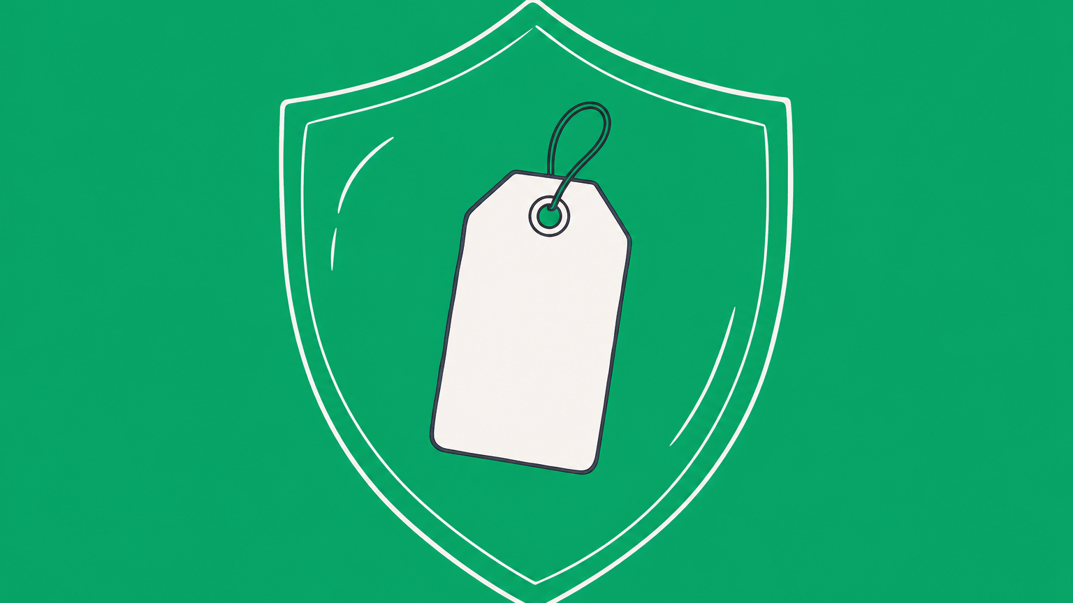 Flat illustration of a blank product tag passing through a search checkpoint into a protective shield, representing how to trademark a word.