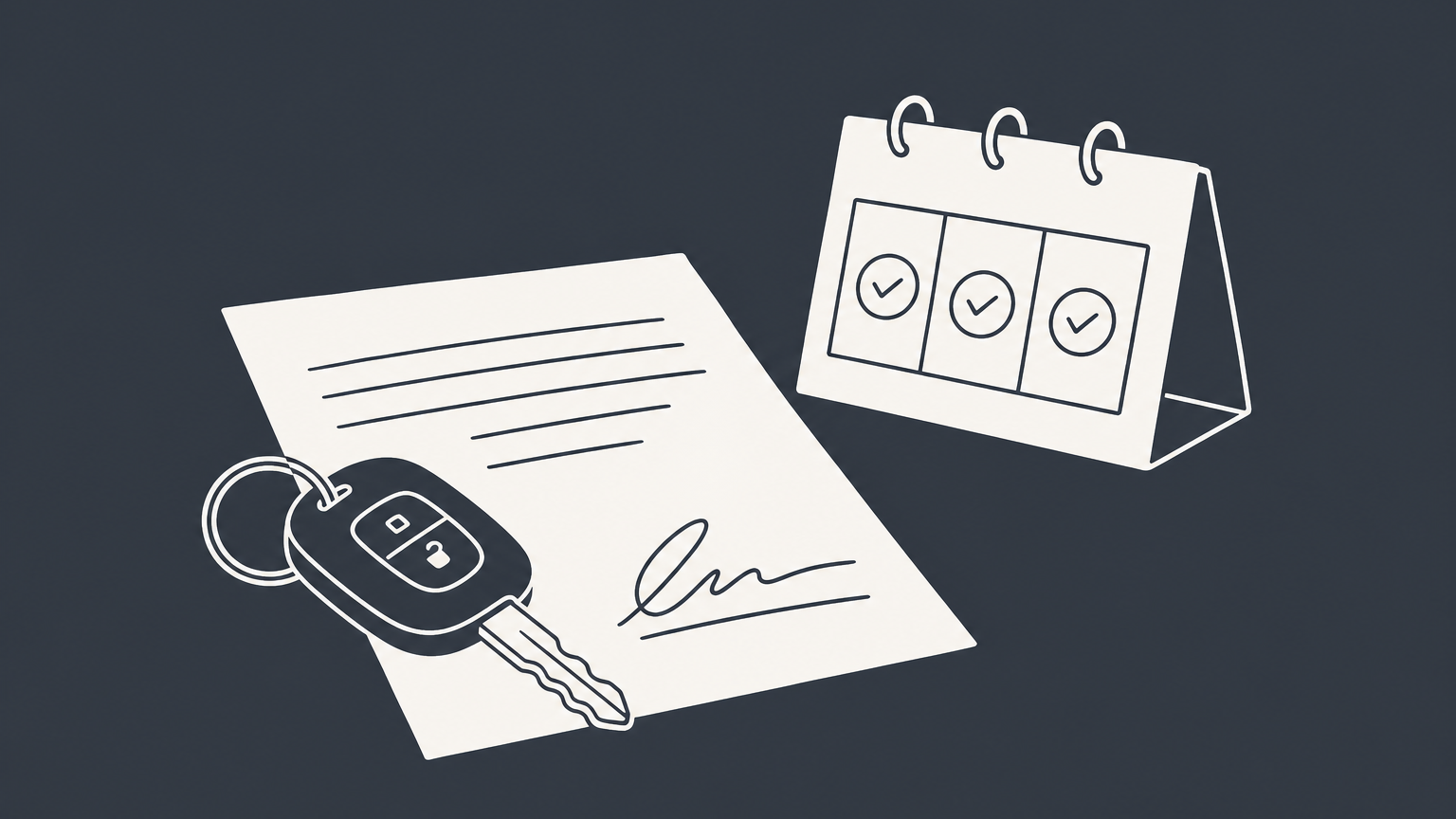 Flat illustration of a car key, contract folder, and blocked three-page calendar representing the 3-day right to cancel a car purchase.