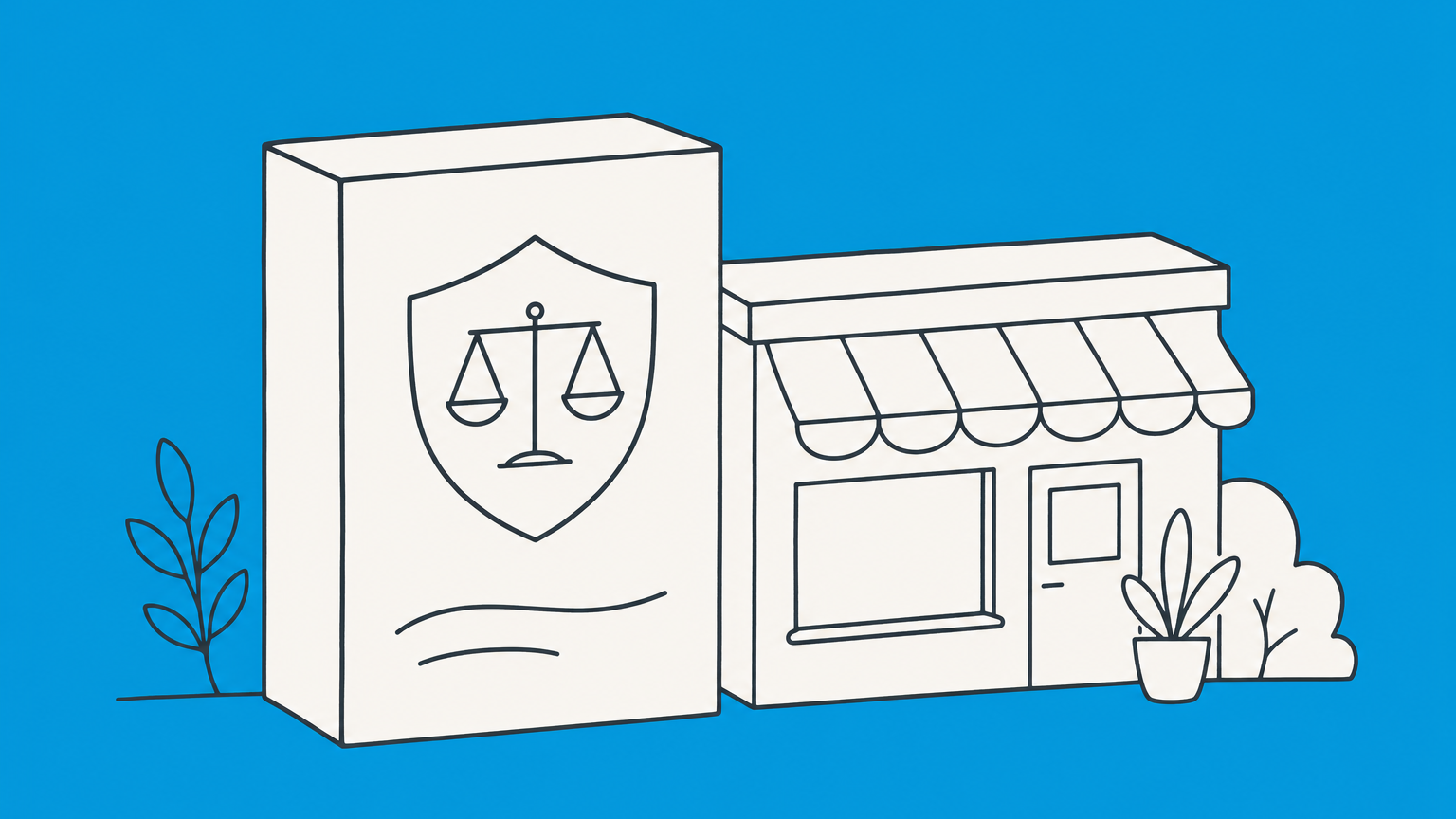Flat illustration of a storefront blueprint branching into a licensed product and a replicated business location to represent licensing vs franchising.