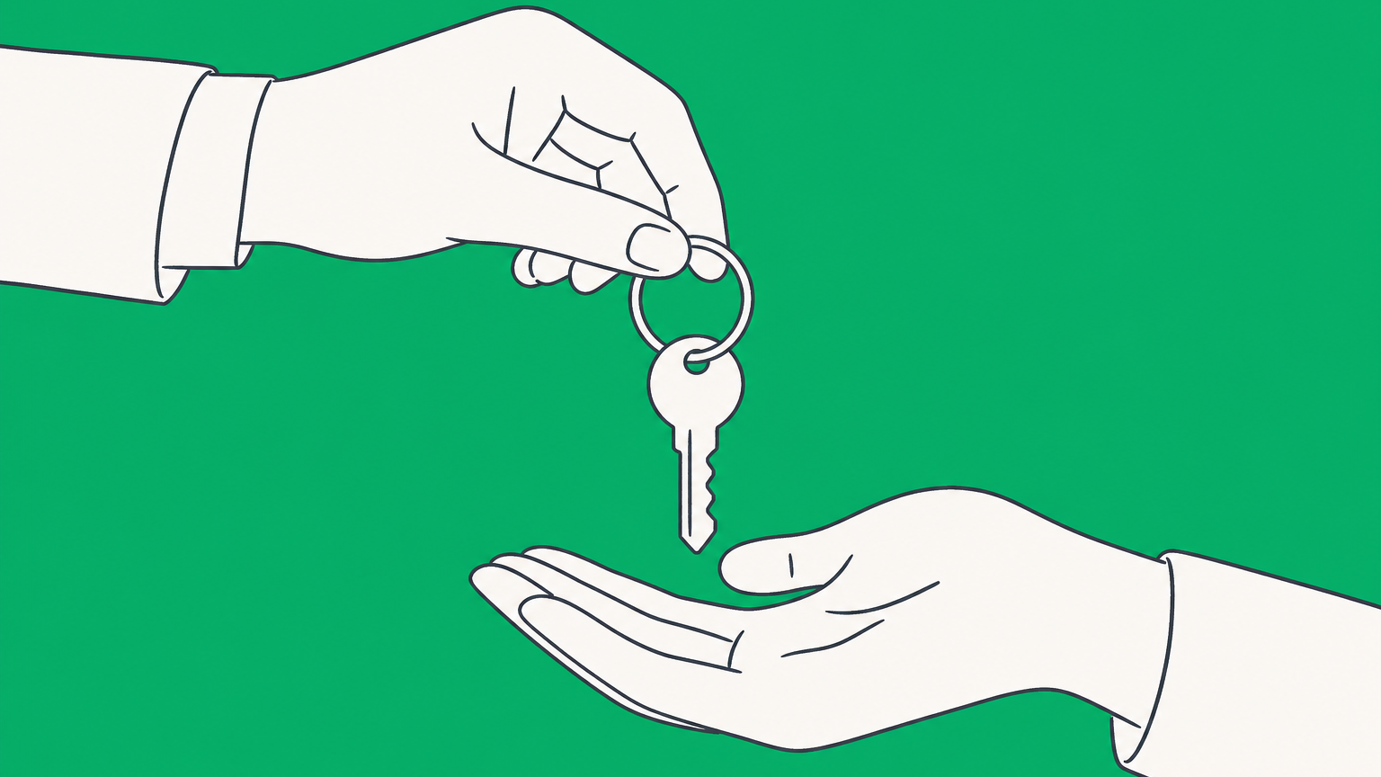 Flat illustration of a key ring passing between two hands beside a document folder and office building to represent a legal successor.